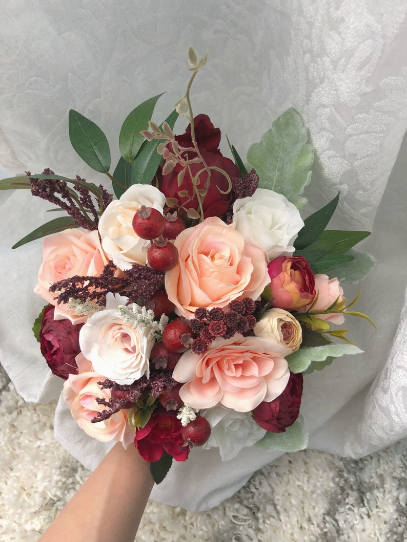 Wedding Bouquet Burgundy Navy Blue Red Peony Eucalyptus Wedding Maroon Package Handmade Artificial Faux Flowers Wedding Decor
