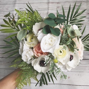 Ramo de boda Boho Polvoriento Verde Azul Blanco Decoración Anémona Bridal Wedding Ramos de novia Dama de honor Hecha a mano Artificial Faux Flowers Boutonniere