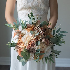 Boho Orange Brown Ivory Wedding Boho Bridal Bouquet Rust Taupe Wedding Bouquet Greenery Artificial Flowers Bridesmaid Bouquet Terracotta