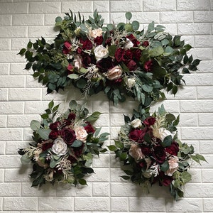Burgundy Cream Pink Wedding Arch Arrangement Arbor Ties Arrangements Burgundy Cream Ivory Eucalyptus Wedding Maroon Flowers Wedding