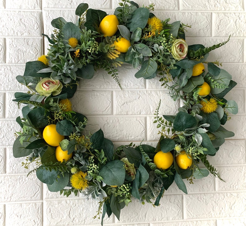 Spring Wreath Lemon Spring Summer Door Wreath Yellow Lemons Citrus Floral Greens Wreaths Handmade 18 Artificial Flowers Home sweet home image 3