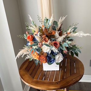 Boho Orange Blue Pampas Wedding Boho Bridal Bouquet Ivory Wedding Bouquet Dusty Greenery Artificial Faux Flowers Bridesmaid Bouquet