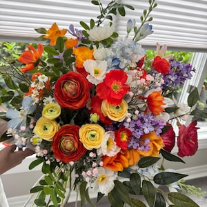 Pink Orange Sunset Wedding Bouquet Yellow Tropical Green Bouquets Bridal Wedding Peach Orange Pink Bouquets Bridesmaid Poppy Faux Flowers