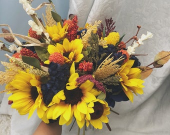 Wedding Bouquet Sunflowers Navy Blue Sunflower Fall Wedding Package Handmade Artificial Faux Flowers Wedding Decor