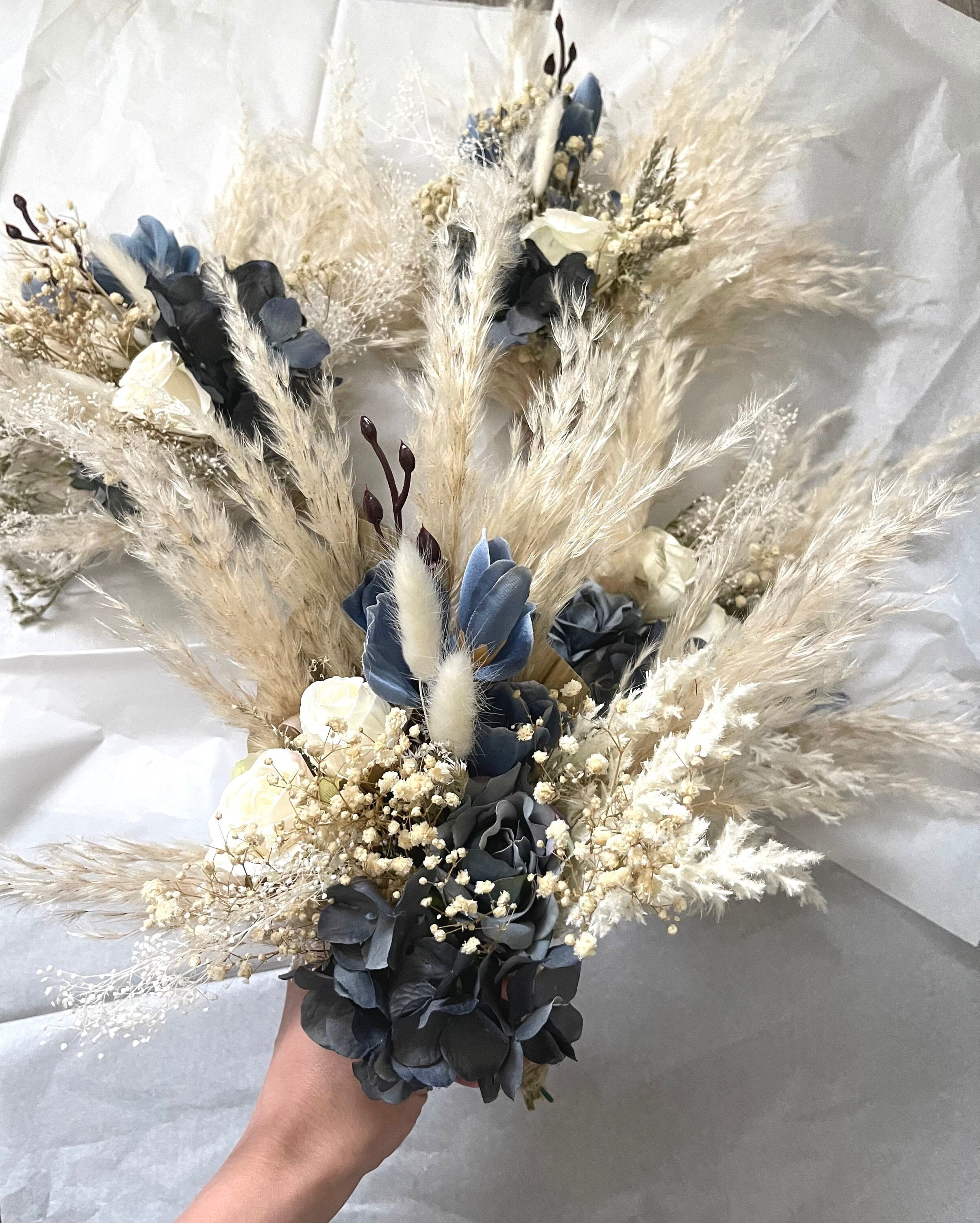 12 Pew Decor Dusty Blue Aisle Flowers Boho Pampas Grass Palm Leaves Wedding Aisle Marker Flowers Eucalyptus Wedding White Green Decor