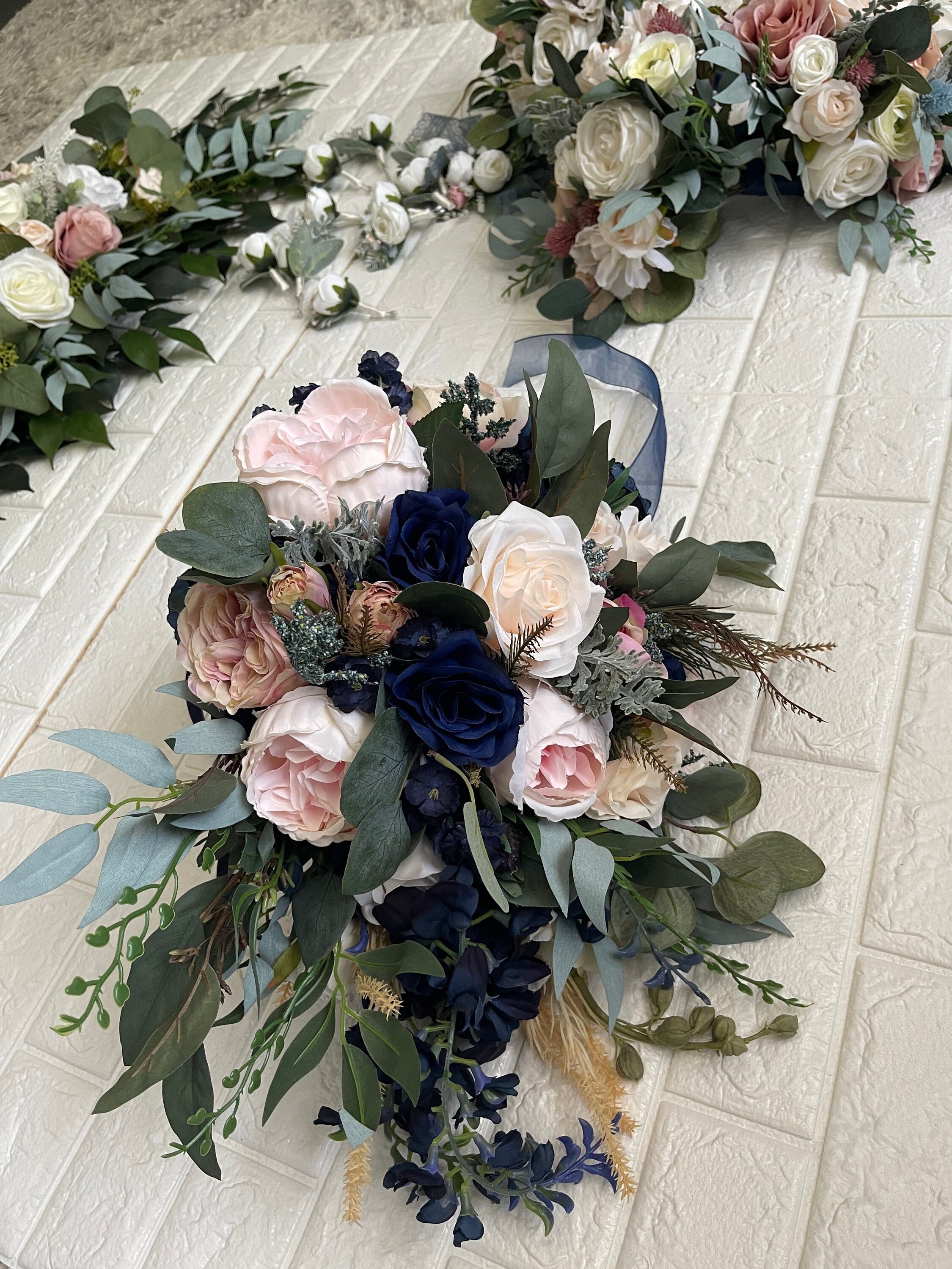 Blush Ivory Navy White Wedding Boho Bridal Bouquet Ivory Wedding Bouquet Dusty Greenery Artificial Bridesmaid Bouquet