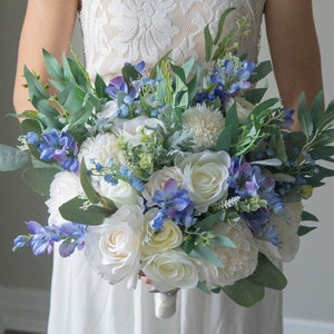 Boho Ivory White And Blue Peony and Roses Bouquet Accents Wedding Boho Bridal Bouquet Ivory Wedding Bouquet Dusty Greenery Flowers Bouquet