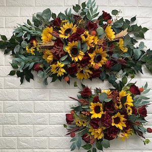 Sunflowers Tie Wedding Arch Arrangement Fall Arbor Arrangements Burgundy Sunflower Eucalyptus Wedding Maroon Decor