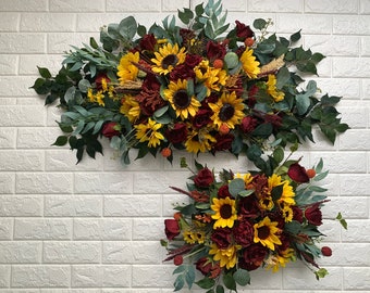 Sunflowers Tie Wedding Arch Arrangement Fall Arbor Arrangements Burgundy Sunflower Eucalyptus Wedding Maroon Decor