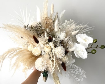 Natural Preserved Flowers Boho Pampas Bunny Tails Wedding Boho Bridal Bouquet Orchid Ivory Wedding Bouquet Dried Flowers Bridesmaid Bouquet