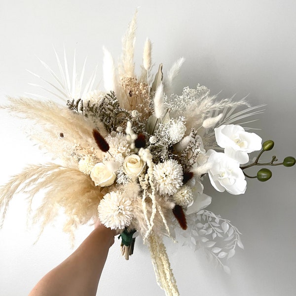 Natural Preserved Flowers Boho Pampas Bunny Tails Wedding Boho Bridal Bouquet Orchid Ivory Wedding Bouquet Dried Flowers Bridesmaid Bouquet