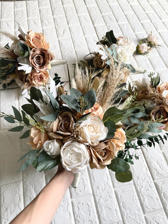 CUSTOM Boho Orange Braun Pampas Hochzeit Boho Brautstrauß Ivory Hochzeit Bouquet Dusty Greenery Künstliche Blumen Brautjungfer Bouquet