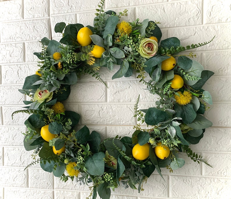 Spring Wreath Lemon Spring Summer Door Wreath Yellow Lemons Citrus Floral Greens Wreaths Handmade 18 Artificial Flowers Home sweet home image 4