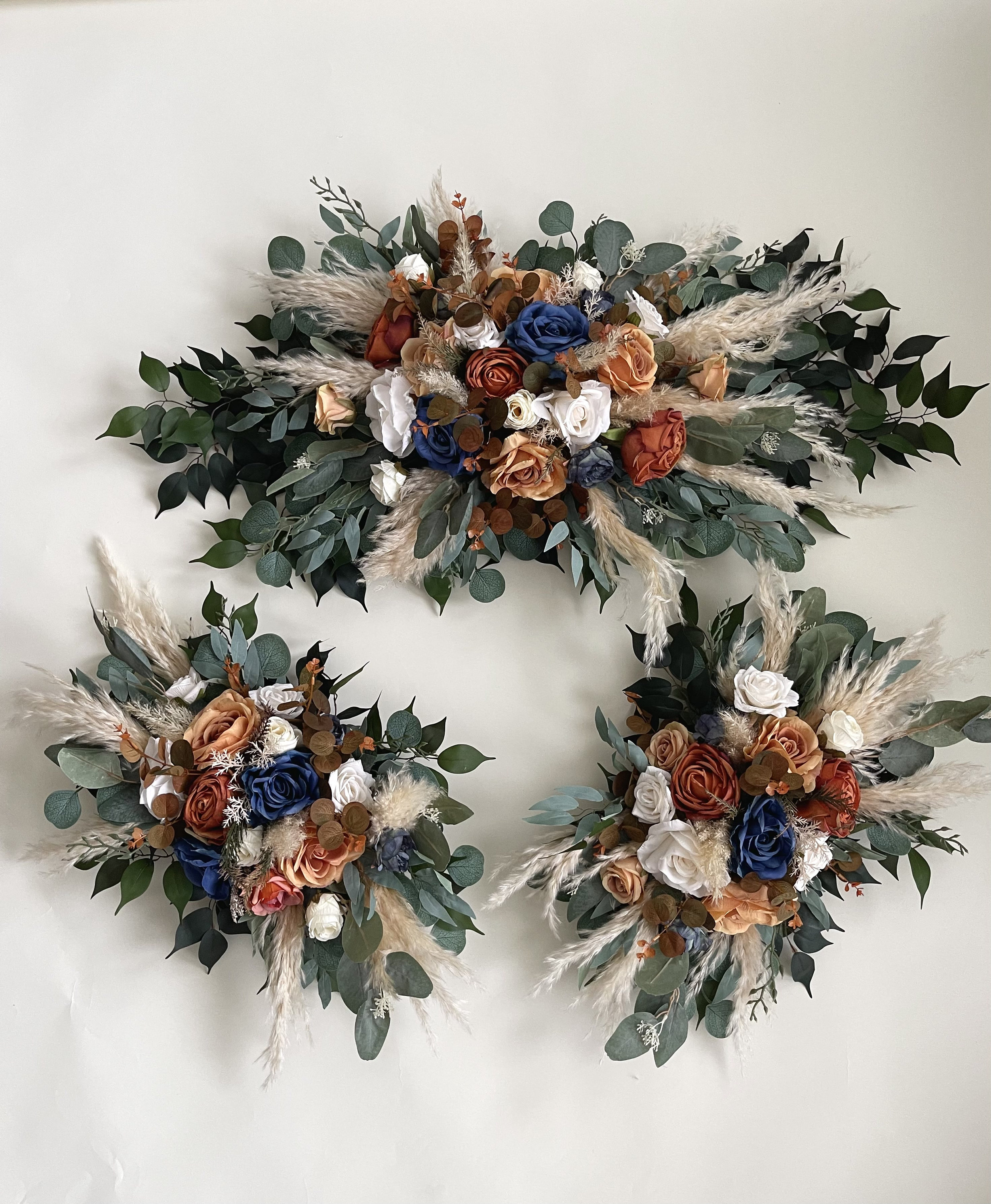 Rust Orange and Blue Arrangement Wedding Arch Arbor Arrangements Dusty Blue Orange Flowers Eucalyptus Wedding Green Package Wedding Decor