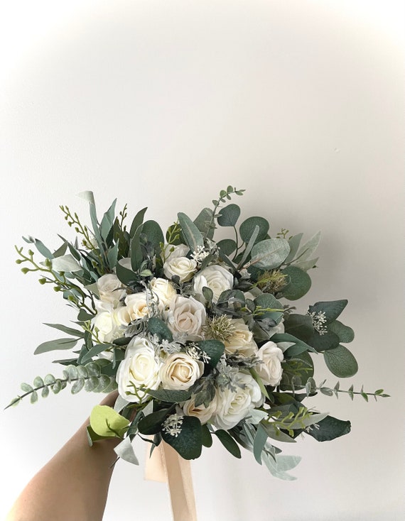 White Eucalyptus and Greenery Bouquet Brides Ivory White Wedding Bouquet  White Ivory Bouquet Flowers Bridal Bouquet Eucalyptus Wedding Decor 