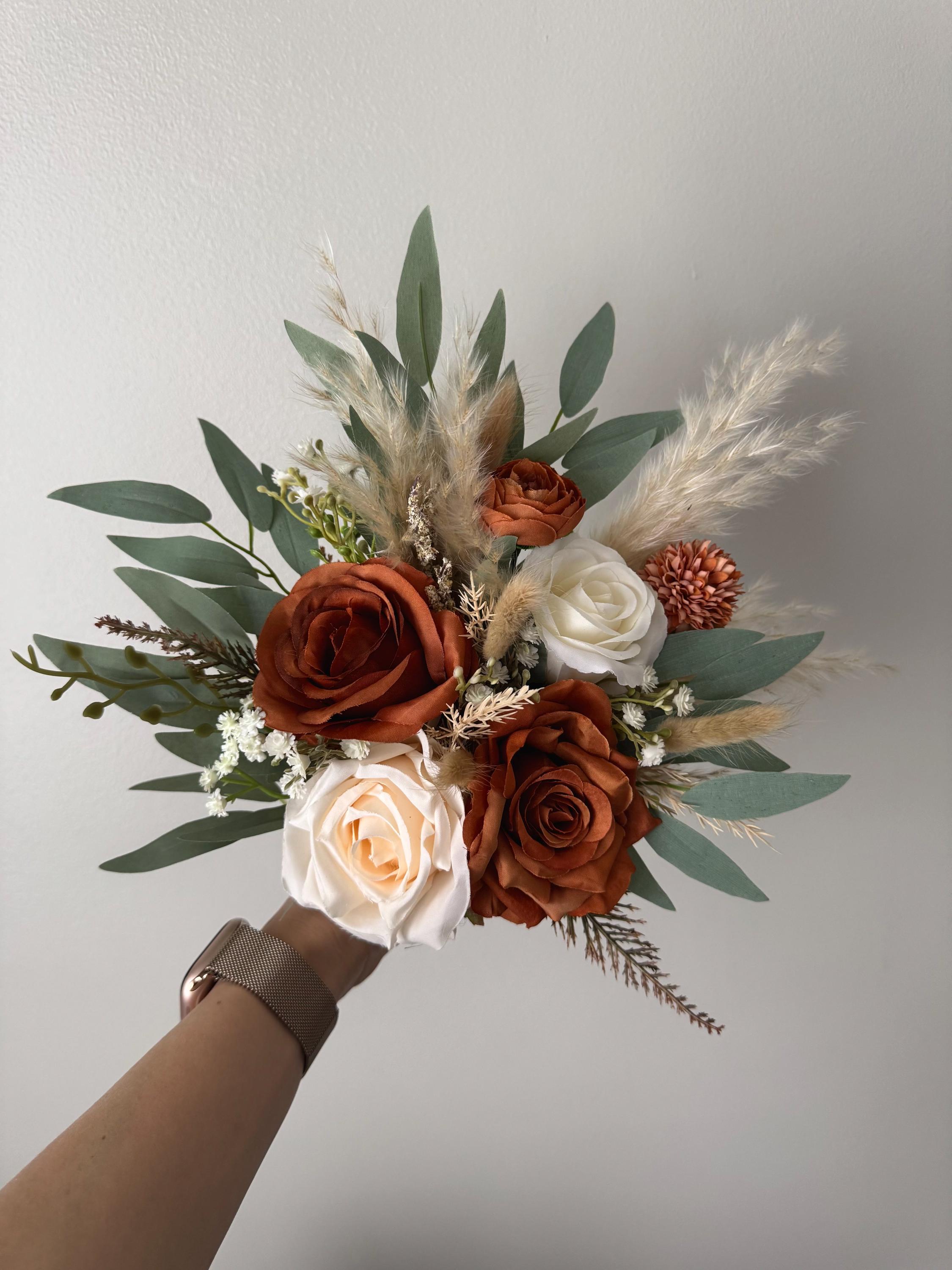 Terracotta Ivory Bouquet Aisle flowers Centrepiece Orange Wedding Boho Bridal Bouquet Ivory Wedding Bouquet Dusty Greenery Artificial Pampas