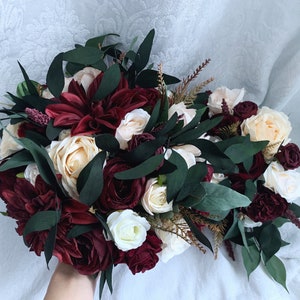 Wedding Set Bouquet Burgundy Navy Blue Red Peony Eucalyptus Wedding Maroon Package Handmade Artificial Faux Flowers Wedding Decor