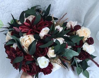 Wedding Set Bouquet Burgundy Navy Blue Red Peony Eucalyptus Wedding Maroon Package Handmade Artificial Faux Flowers Wedding Decor