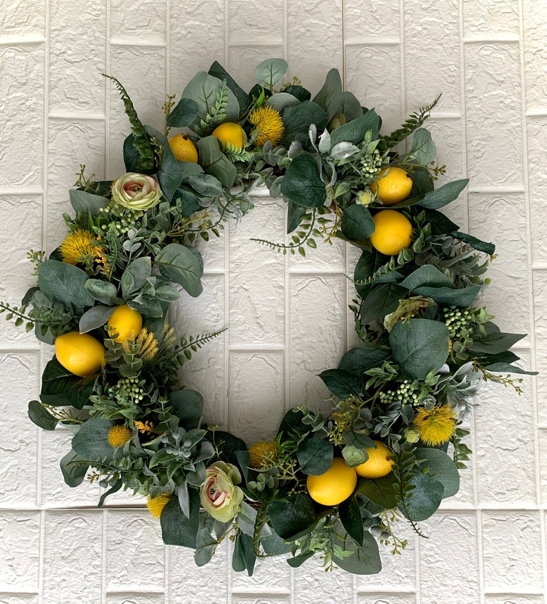 Spring Wreath Lemon Spring Summer Door Wreath Yellow Lemons Citrus Floral Greens Wreaths Handmade 18 Artificial Flowers Home sweet home image 5