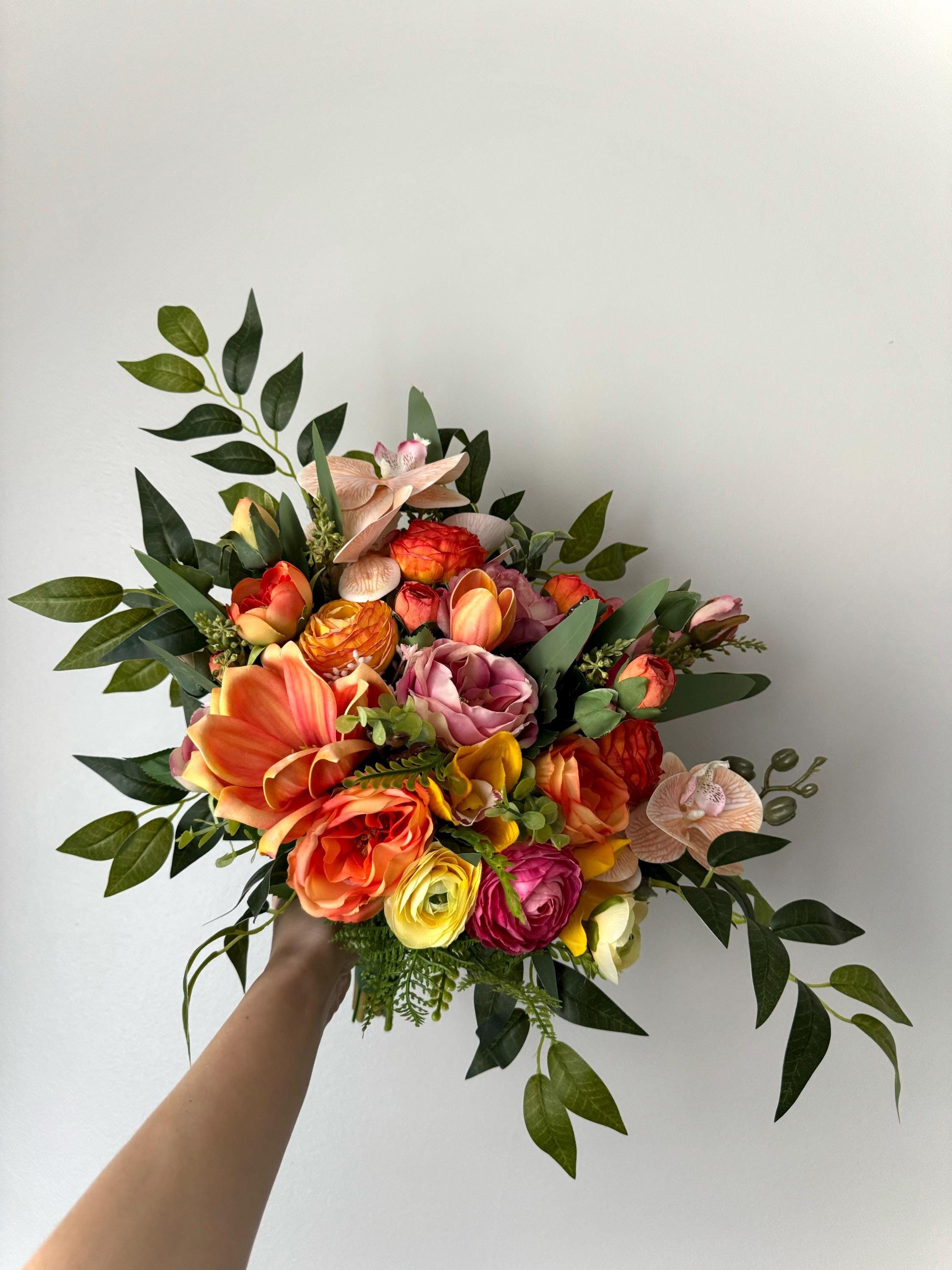 Rosa Orange Rosa Blumenstrauß Gelb Tropisch Grün Blumensträuße Brauthochzeit Pfirsich Orange Rosa Blumensträuße Brautjungfer Faux Blumen Boutonniere