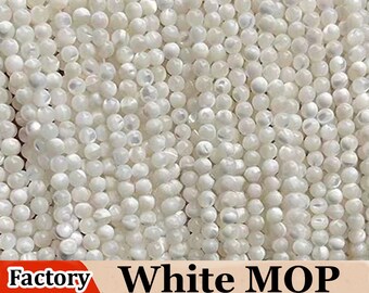 15.5'' White MOP Round Beads 2mm 3mm 4mm Choices, 1 Strand