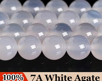 7A Natural White Agate Smooth Round Beads 4mm 6mm 8mm 10mm 12mm For Choices, 1 Strand