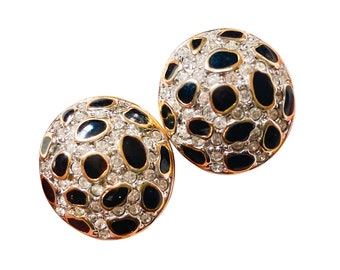 Soleil Rhinestone Clip on Button Earrings, Black Enamel White Rhinestones, Statement Jewelry