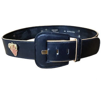 Vintage Escada Black Leather Belt, Oversized Buckle, Golden Rhinestone Strawberries, Statement Accessory Luxury Designer 80&#39;s