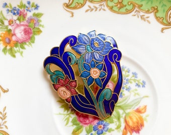 Blue Cloisonne Floral Brooch, Daffofil Brooch, Repurposed Hat Pin, Statement Jewelry