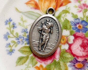 Vintage Metal Charm St. Christopher, Pray for Us Charm, Religious Jewelry Charm Bracelet Necklace Pendant