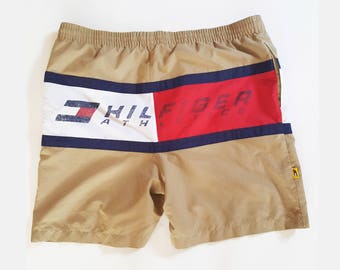 80s Tommy Hilfiger Graphic Swim Trunks Size L, Swim Shorts Retro Color Block, Vintage Swim Trunks