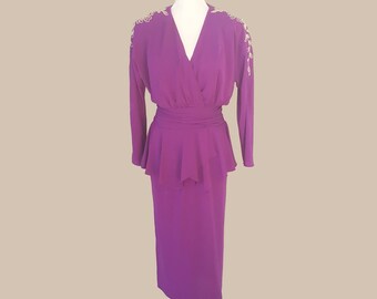 Kira Purple Evening Gown Cocktail Dress Shoulder Pads, Silver Embroidered Flowers, Deep V Neck Peplum, Size XS-S