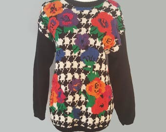 Damen Pullover Schwarz-Weiß Houndstooth Floral Rosen, Größe L Loose Fit