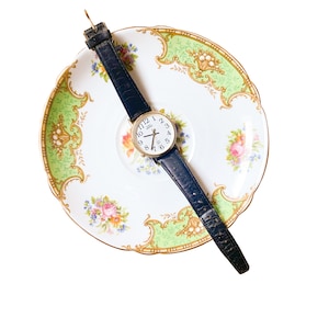 Timex Indiglo Watch Gold with White Watch Face, Black Leather Strap