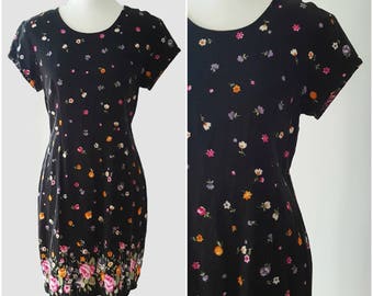 Vintage Cartise Black Floral Dress Size 12 Size XS S Mini Tube Dress, Black and Pink Floral Dress Made in Canada