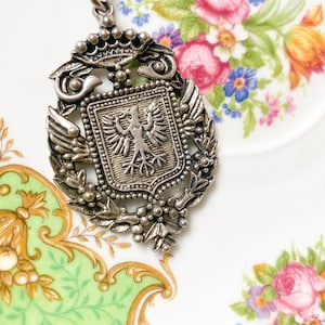 Silver Metal Necklace with Phoenix Coat of Arms Pendant, Ornate Fantasy Statement Jewelry
