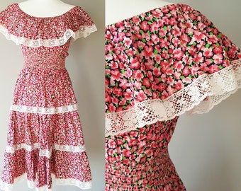 Off the Shoulder Black Pink Floral Summer Dress Smocked Waist Fit and Flare Size XS - S