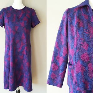 80s Size 14P Retro Dress with Overcoat, Blue Purple Modest Round Neck Dress Knee Length, Open Long Sleeve Jacket, Mod Dress