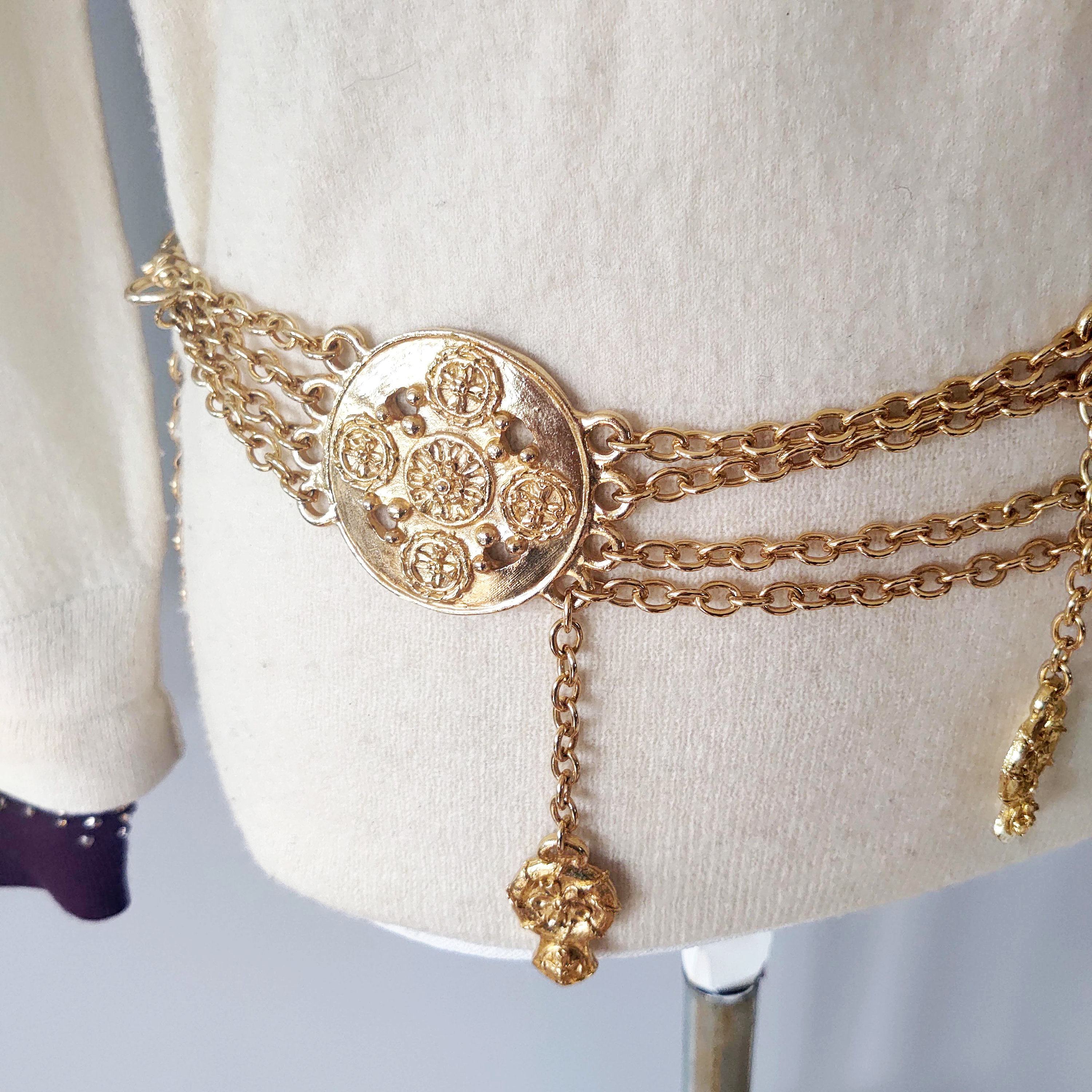 Brown Braided Leather Belt With Gold Chains, Gold Coin Charm  display picture 1