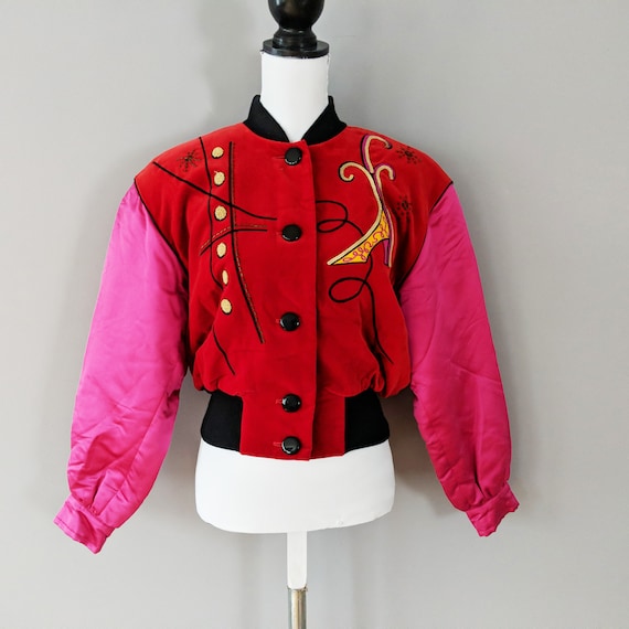 Escada Pink Red Button Down Bomber Jacket, Silk Ve