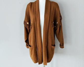 Escada Brown Knit Open Cardigan Fringe gold Star Buttons, Oversized Size 36 Medium