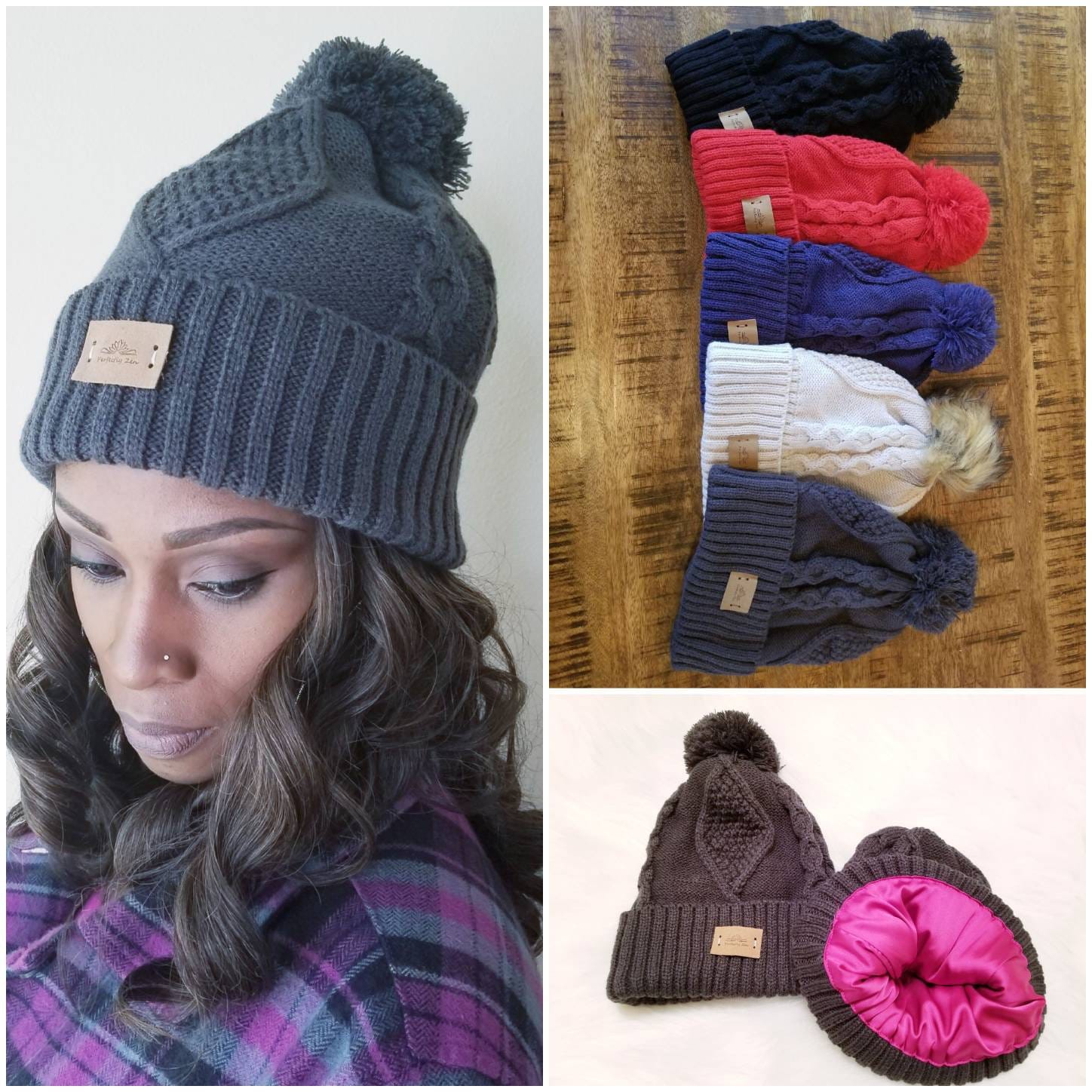 SATIN LINED Knit Beanie Winter Ski Hat 