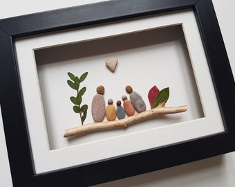 Pebble Art Family Portrait, Custom Anniversary Gift, Family of 5, Framed