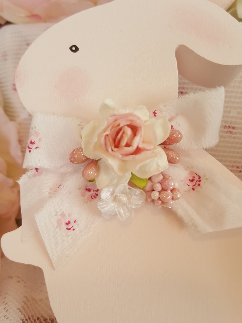 Vintage Shabby Chic Hand Painted Pink Wood Bunny Sweet Pink Easter Bunny With Hand Painted Roses March Hare Vintage Easter Rabbit Pink Roses