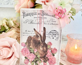 Easter Hanging Wood Sign, Romantic Roses, French Easter Bunny, Vintage March Hare, Sweet Cottage Chic Home Decor, Shabby Chic Easter Decor