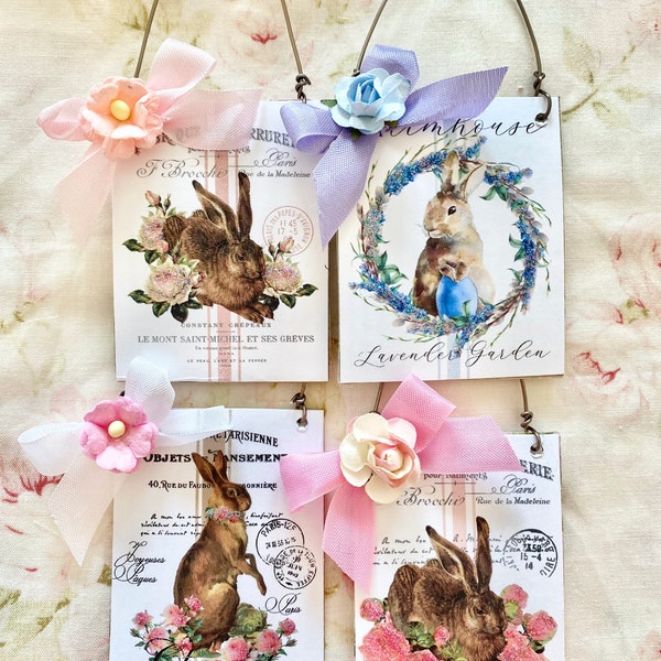 Shabby Chic Easter Ornaments, Vintage Chipboard Ornaments, Shabby Chic Easter Cottage Decor, Spring Bunnies Gift Tags, Easter Tree Decor