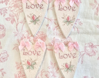 Pink Wood Heart Ornaments, Love Ornament, Vintage Shabby Chic, Valentine Cottage Decor, Pink Heart, Valentine Gift, Hand Painted Roses