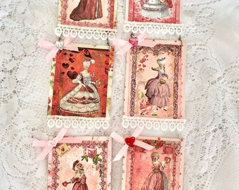 Shabby Chic Marie Antoinette Valentine Ornaments, Vintage Pink Valentine Gift Tags, Valentine Cottage Decor, Valentine Gift, Set Of Six