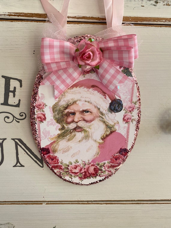 Christmas Vintage Shabby Chic Pink Santa Claus Christmas Ornament Decor 6" 