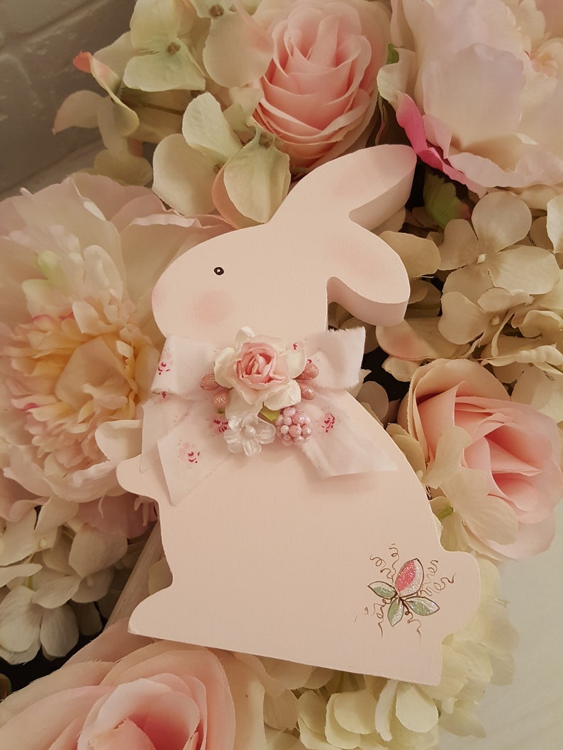 Vintage Shabby Chic Hand Painted Pink Wood Bunny Sweet Pink Easter Bunny With Hand Painted Roses March Hare Vintage Easter Rabbit Pink Roses